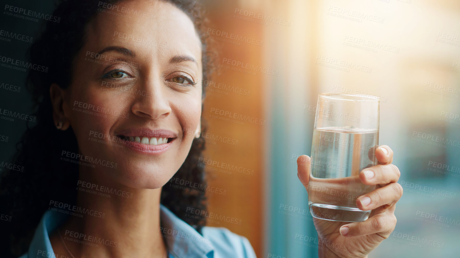 Buy stock photo Drinking water, woman and hydration in portrait, wellness or health in home with smile for diet or refreshment. Female person, happy and nutrition for balance, sustainable and care for detox or skin