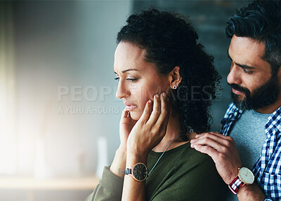 Buy stock photo Couple, heartbreak and depression with grief for cheating in marriage with infidelity, affair and deception. Anxiety, stress or reassurance with peaceful conflict resolution in home for mental health