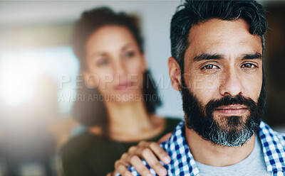 Buy stock photo Conflict, sad and portrait of husband with wife for comfort, empathy or support in home closeup. Anger, depression and disappointment with couple in apartment for breakup, divorce or fighting