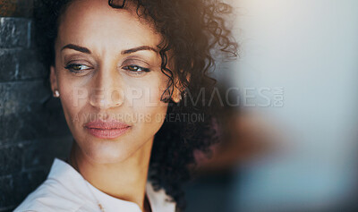 Buy stock photo Brick wall, serious and woman with stress, thinking and thoughts of future plans outdoor. Face, ideas and contemplation of life goals for assertive girl by space, concerned and worried or depressed