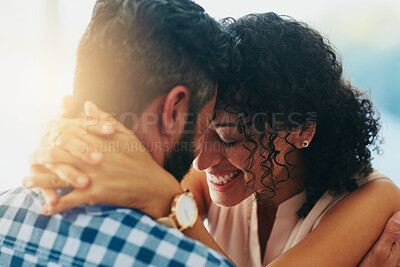 Buy stock photo Face, hug and smile with couple together for bonding, marriage or relationship on lens flare. Excited, happy or love with man and woman embracing for safety, security or support closeup in summer