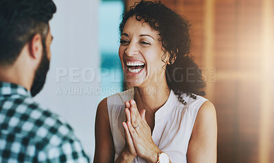 Buy stock photo Happy, couple and sharing good news with celebration for promotion or announcement at home together. Smile, woman and man with job success, wow and career milestone with communication and discussion