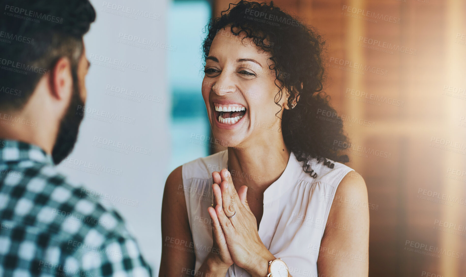 Buy stock photo Happy, couple and sharing good news with celebration for promotion or announcement at home together. Smile, woman and man with job success, wow and career milestone with communication and discussion