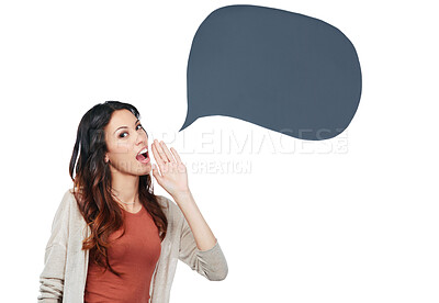 Buy stock photo Woman, portrait and speech bubble in studio for social media news, announcement or opinion with mockup. Person with voice, chat and quote for opportunity or communication space on a white background