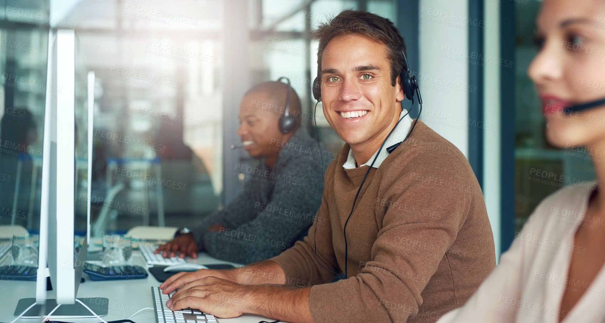 Buy stock photo Happy, man and portrait in call center for technical support and help in virtual customer care. Employee, smile and contact us for advice, feedback and crm communication or telemarketing sales