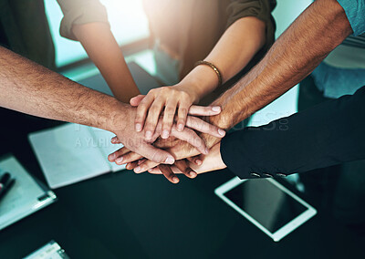 Buy stock photo Hands, together and join us for teamwork collaboration in business, project or sign of commitment. People, meeting and team building a connection in office with community, communication or support