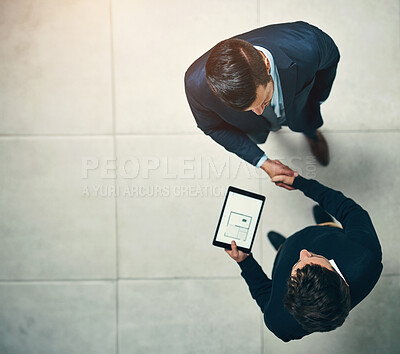 Buy stock photo Architecture, handshake and tablet with business people on space in office together from above. Collaboration, partnership and thank you with architect team shaking hands in workplace for welcome