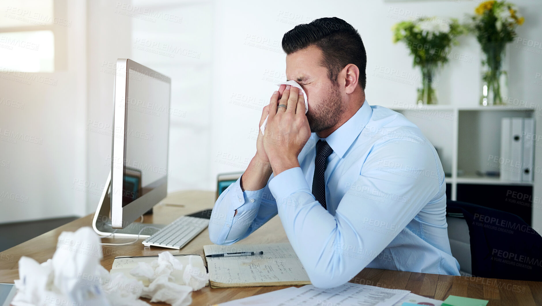 Buy stock photo Businessman, allergy and workplace with sneezing, nose and tissue for healthcare as accountant in office. Male person, worker and sick with unhealthy for reaction in season with cold or flu symptoms
