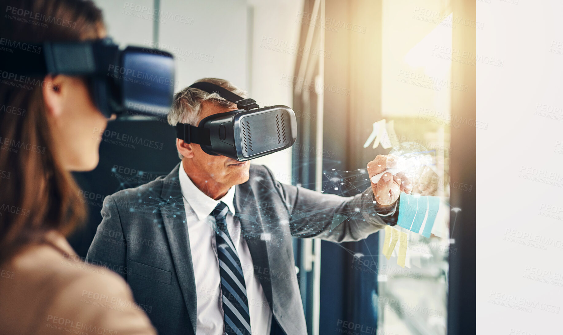 Buy stock photo Meeting, planning and virtual reality with business people in office together for collaboration or discussion. Glass, vr headset and writing with corporate employee team in workplace boardroom