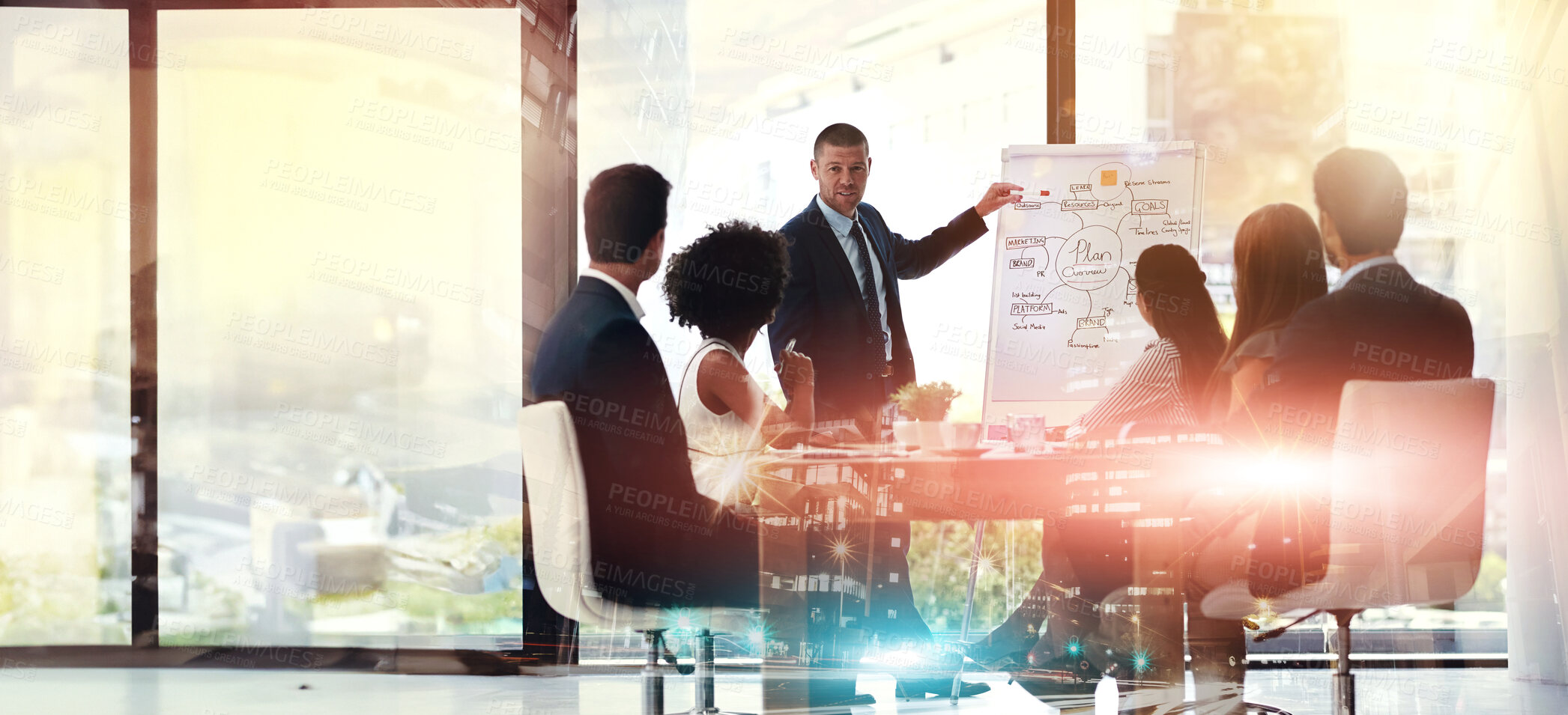 Buy stock photo Group, business people or meeting with double exposure of cityscape, employment in legal job or law firm. Team, lawyers or presentation at global company, strategy or discussion for justice in USA
