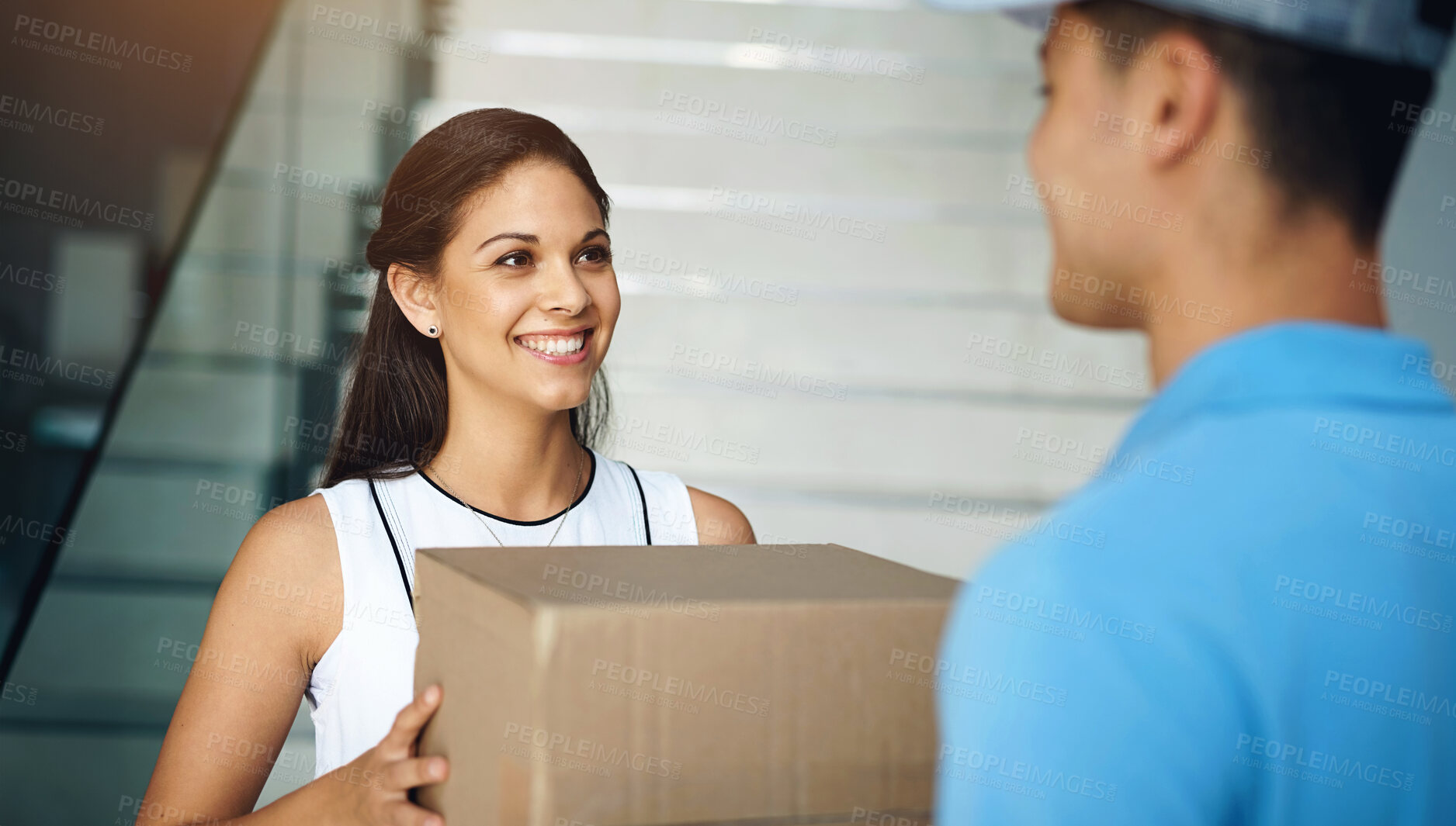 Buy stock photo Woman, receiving and delivery with courier, package and box from online shopping or ecommerce. Customer, service and distribution for logistics, export and parcel goods with stock order or postage