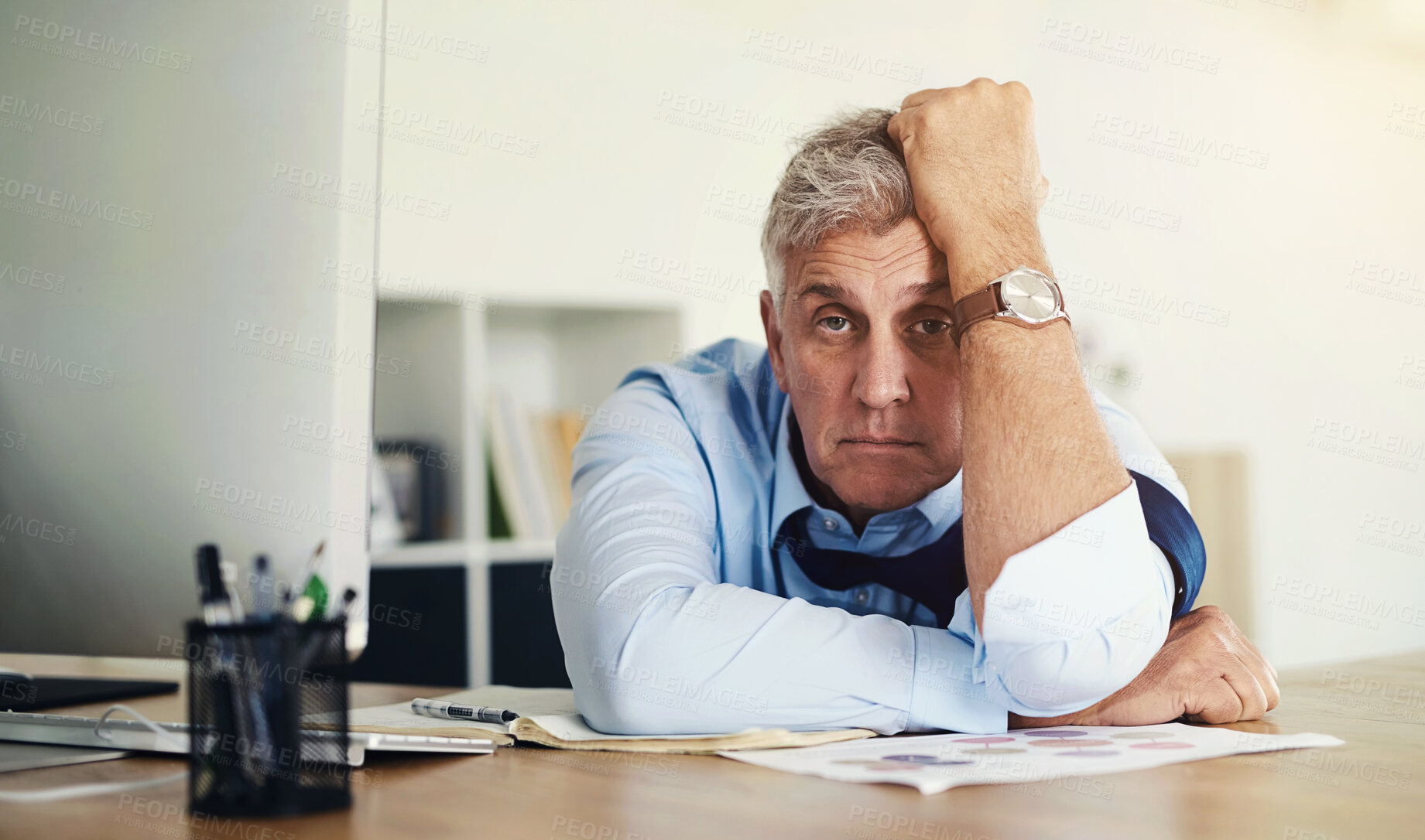 Buy stock photo Mature, businessman and portrait with stress in office for burnout, overworked and tired of project planning at desk. Professional, employee and bored at workspace with paperwork for work deadline