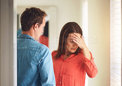 Buy stock photo Couple, argue and upset with fighting in home with relationship, issues or conflict with giving up. Stress, anxiety and frustrated with defeated, problems and bad communication with divorce in Sweden