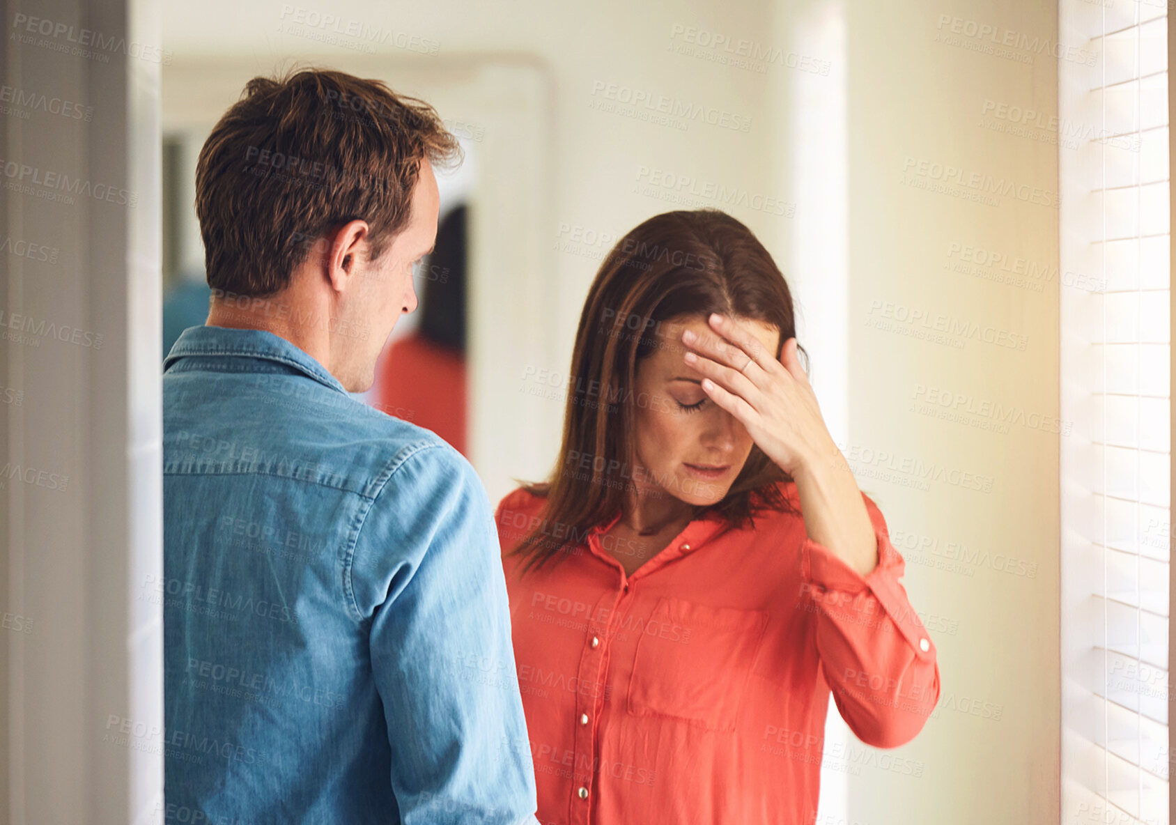 Buy stock photo Couple, argue and upset with fighting in home with relationship, issues or conflict with giving up. Stress, anxiety and frustrated with defeated, problems and bad communication with divorce in Sweden