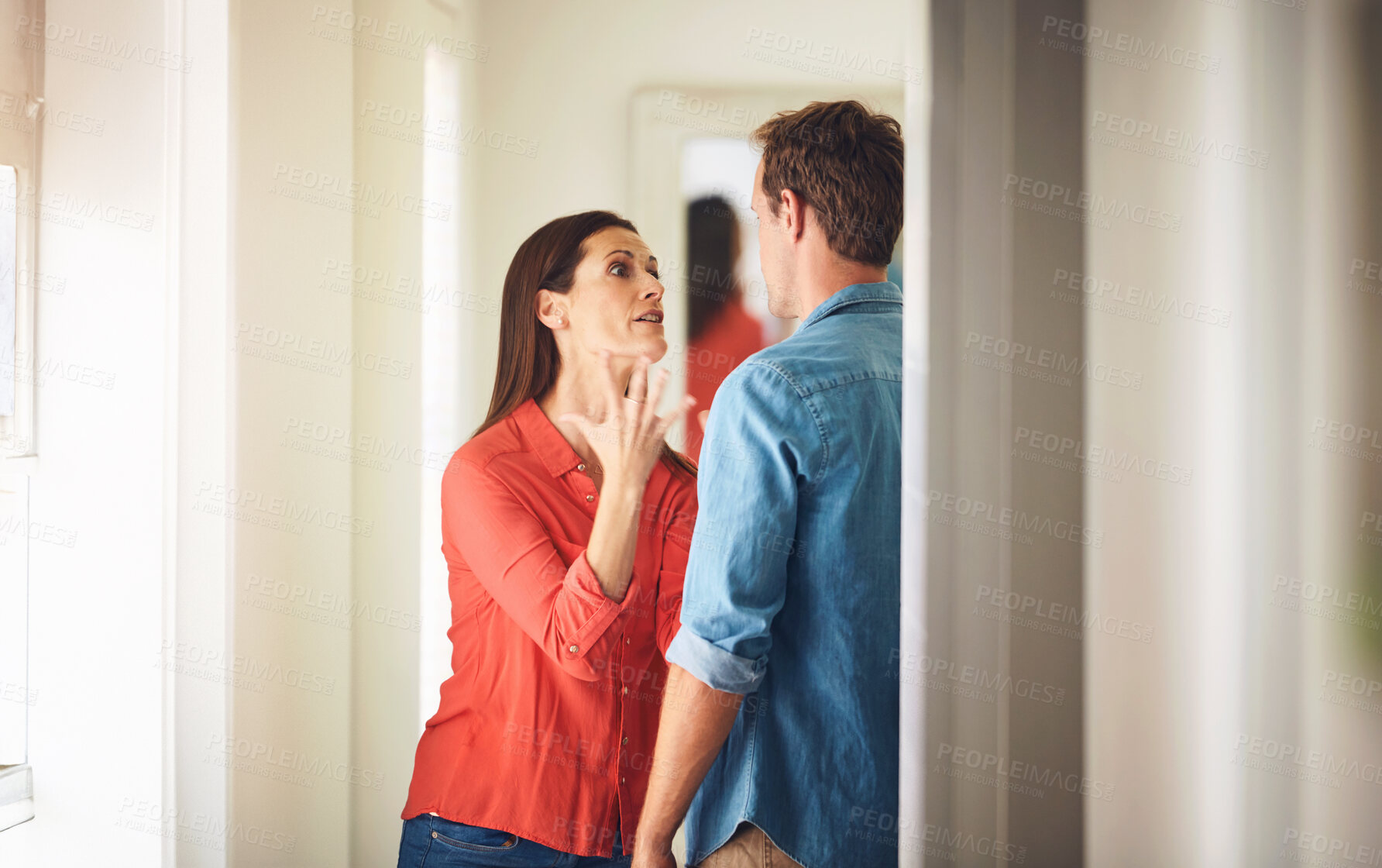 Buy stock photo Couple, argue and upset with fighting in home with relationship, issues or conflict with crisis. Stress, anxiety and frustrated with toxic, problems and bad communication with divorce in Sweden.