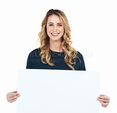 Buy stock photo Mockup, poster and portrait of woman advertising in studio isolated on white background for marketing. Banner, card or space on paper with face of happy person holding sign news, retail or sale