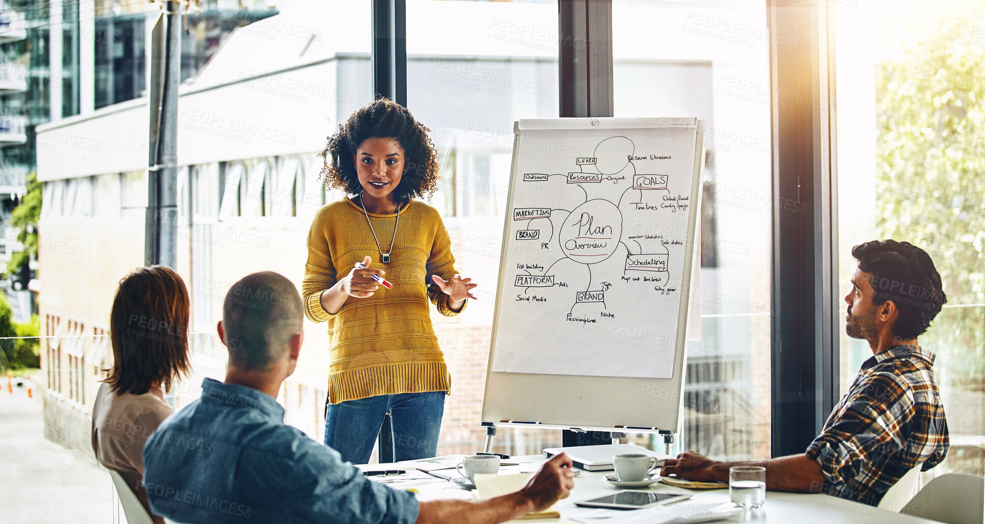 Buy stock photo Meeting, planning and whiteboard with business woman speaking to staff in boardroom of office. Brainstorm, coaching and presentation with employee talking to team in workplace for upskill development