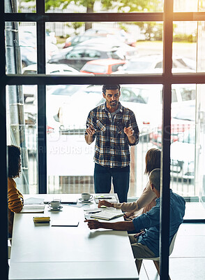 Buy stock photo Meeting, presentation and training with business man speaking to staff in boardroom of office. Coaching, teaching and workshop with employee talking to team in workplace for development or growth