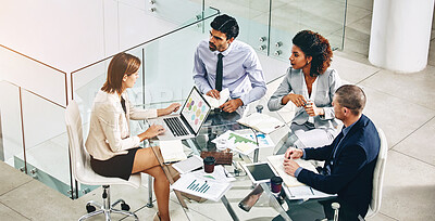 Buy stock photo Group, business people and manager with laptop on table for financial meeting, pitch or presentation. Team, accountant and collaboration in office with computer for economy, documents for strategy