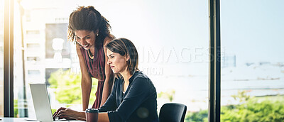 Buy stock photo Laptop, happy team and business women learning, discussion and brainstorming creative startup ideas. Computer, coaching or staff internship for training, about us and leader teaching graphic designer