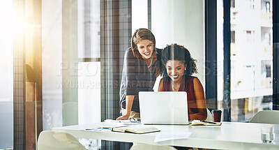 Buy stock photo Laptop, happy team and business women training, discussion and brainstorming creative startup ideas. Computer, coaching or staff internship for learning, planning and leader teaching graphic designer
