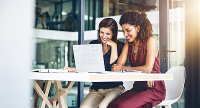 Buy stock photo Laptop, happy team and business women training, discussion or brainstorming creative startup ideas. Computer, smile and collaboration on project strategy, coaching and manager teaching copywriter