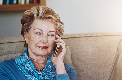 Buy stock photo Face, phone call and thinking with senior woman on sofa in living room of retirement home for communication. Contact, conversation and mobile with elderly person in apartment for chatting or talking