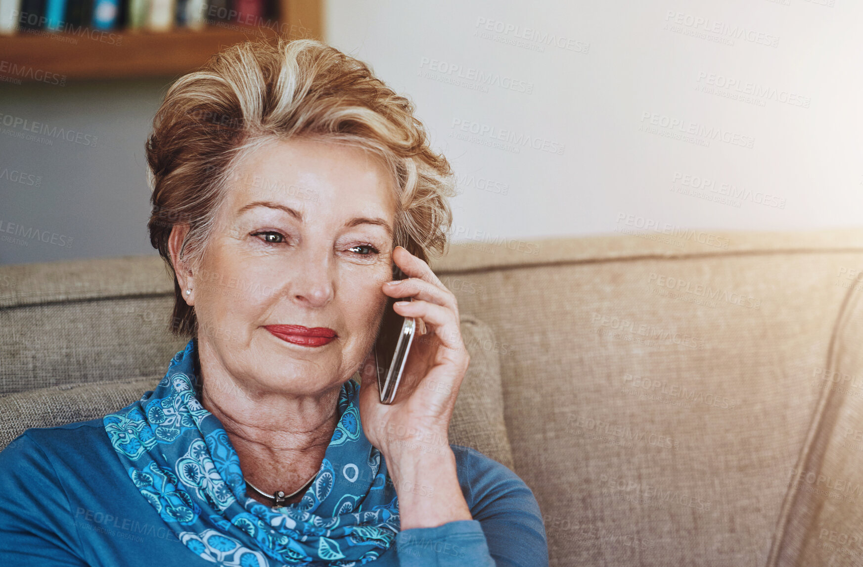 Buy stock photo Face, phone call and thinking with senior woman on sofa in living room of retirement home for communication. Contact, conversation and mobile with elderly person in apartment for chatting or talking