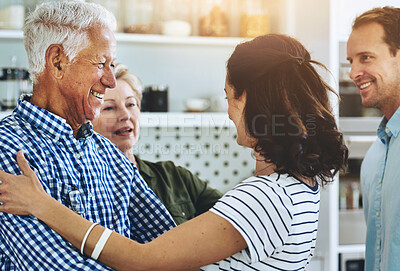 Buy stock photo Senior, parents and reunion with family in home with love, care and support in retirement. Elderly, dad and mom embrace people on holiday, vacation and happiness in house with old man and woman