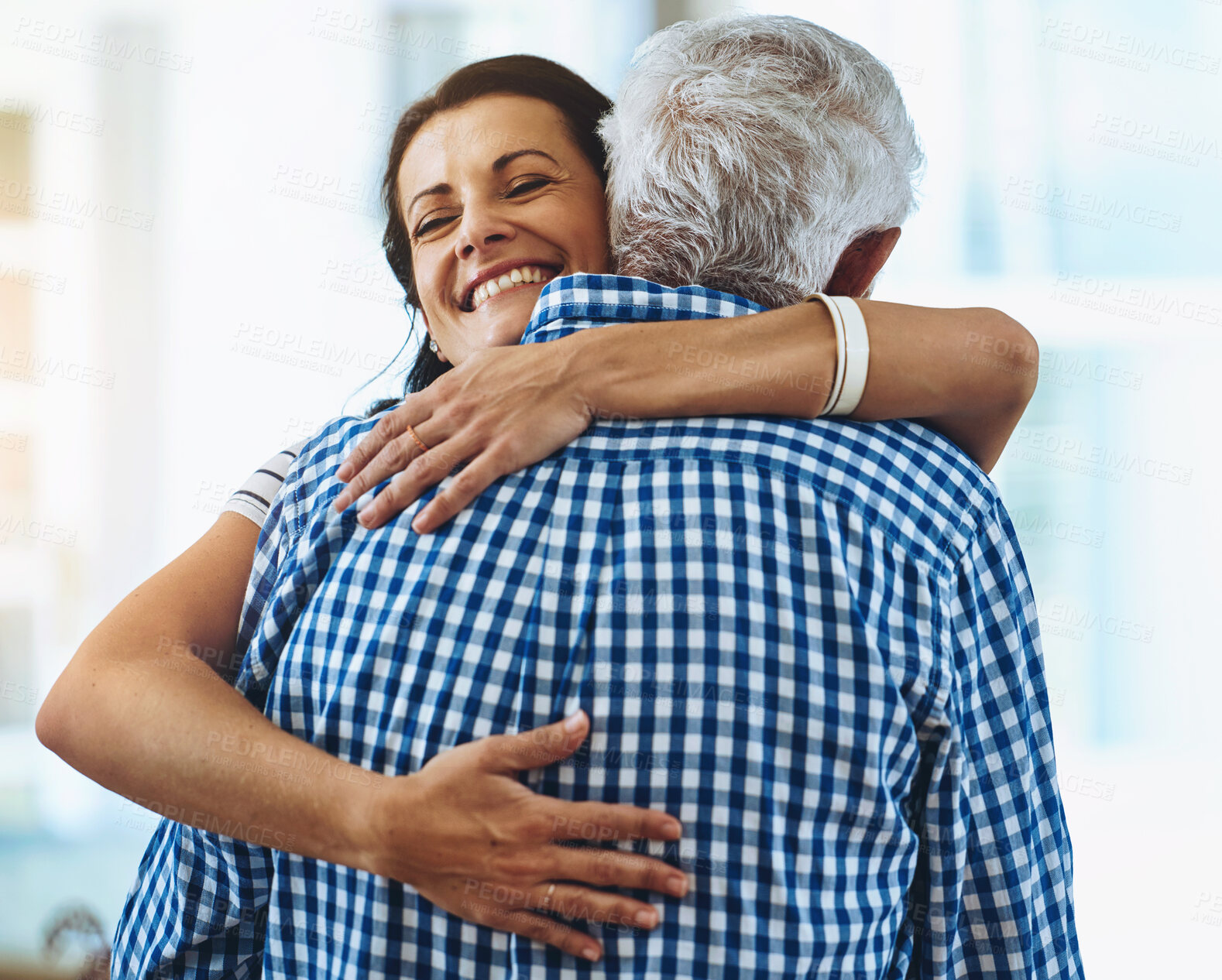 Buy stock photo Elderly, dad and woman hug in home with love, care and support in retirement from family. Senior, man and embrace father at reunion on holiday, vacation or person with happiness and kindness in house