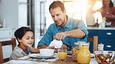 Buy stock photo Happy, dad and boy with breakfast in kitchen together for nutrition and eating with love. Hungry, man and kid in home happy for food, drink and wellness with morning fruit, health diet and juice