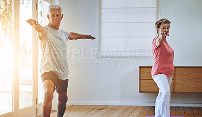 Buy stock photo Love, exercise and elderly couple with yoga in home for spiritual wellness, mobility or body health. Senior people, man and woman with warrior pose in exercise for retirement, flexibility and balance