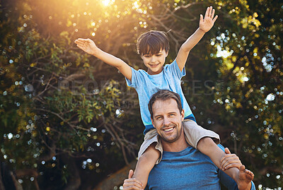 Buy stock photo Portrait, father and piggyback kid at park for love, care or family bonding together in nature. Face, dad or carry child at garden for game, support or happy parent play on summer holiday for freedom