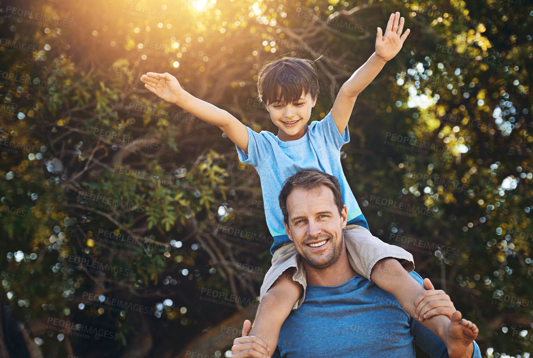 Buy stock photo Portrait, father and piggyback kid at park for love, care or family bonding together in nature. Face, dad or carry child at garden for game, support or happy parent play on summer holiday for freedom
