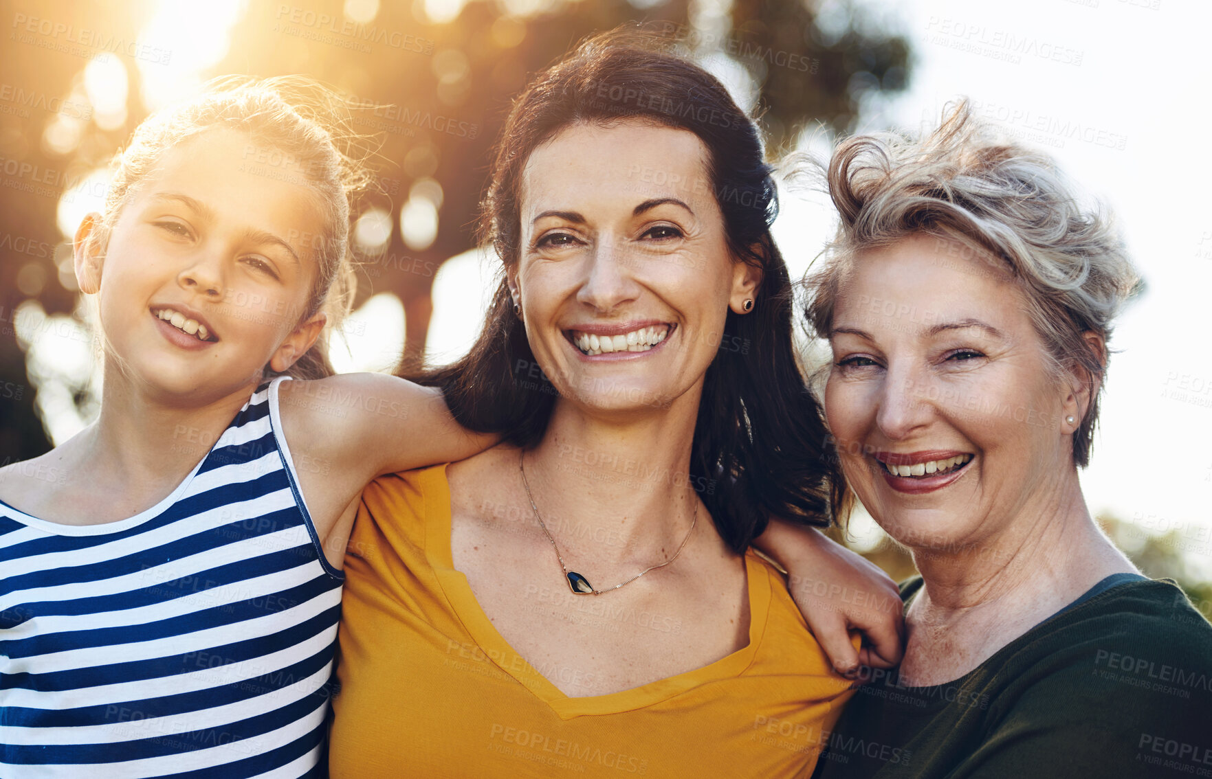 Buy stock photo Family, generations and portrait of women in garden together for love, relationship or support. Face, happy or smile with grandmother, woman and daughter in nature or park for summer bonding