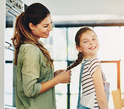 Buy stock photo Happy family, mom and daughter with hair care in home, affection and trust in bonding for memory as preteen. Cheerful woman, girl and cute for love, support and childhood development on mother's day