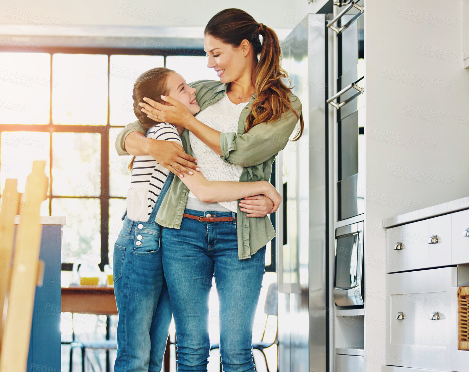 Buy stock photo Happy family, woman and daughter in home with hug, affection and trust in bonding for memory as preteen. Cheerful mom, girl and cute for love, support and childhood development on mother's day