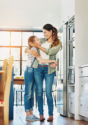 Buy stock photo Happy family, mom and daughter in home with hug, affection and trust in bonding for memory as preteen. Cheerful woman, girl and cute for love, support and childhood development on mother's day