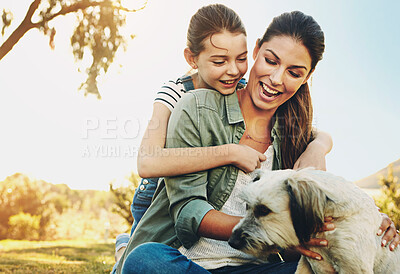 Buy stock photo Outdoor, mother and girl with dog, smile and sunshine with weekend break, happiness and countryside. Family, park or mama with daughter, animal or pet with lens flare, care or summer with play or fun