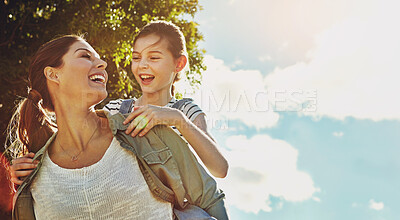 Buy stock photo Blue sky, kid and woman with piggyback in nature for travel, holiday and bonding together in forest. Low angle, fun and mother with daughter in park for support, love or child development on vacation