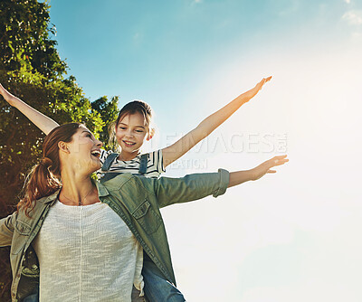 Buy stock photo Airplane, kid and mother with piggyback in nature for freedom, adventure and bonding together. Low angle, game and woman with playful girl in park for love, support and child development on holiday