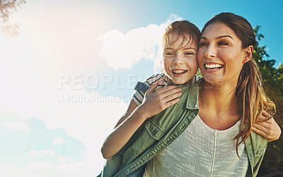 Buy stock photo Mother, child and piggy back outside with happy family, fun and playing in park with blue sky for bonding or love. Summer, caring and attachment on relax holiday together, girl daughter and weekend