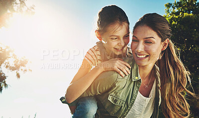 Buy stock photo Mother, girl and nature for piggy back with smile, bonding on vacation in Australia. Female person, child and happiness for learning or development in outdoor, cheerful in countryside with sunshine