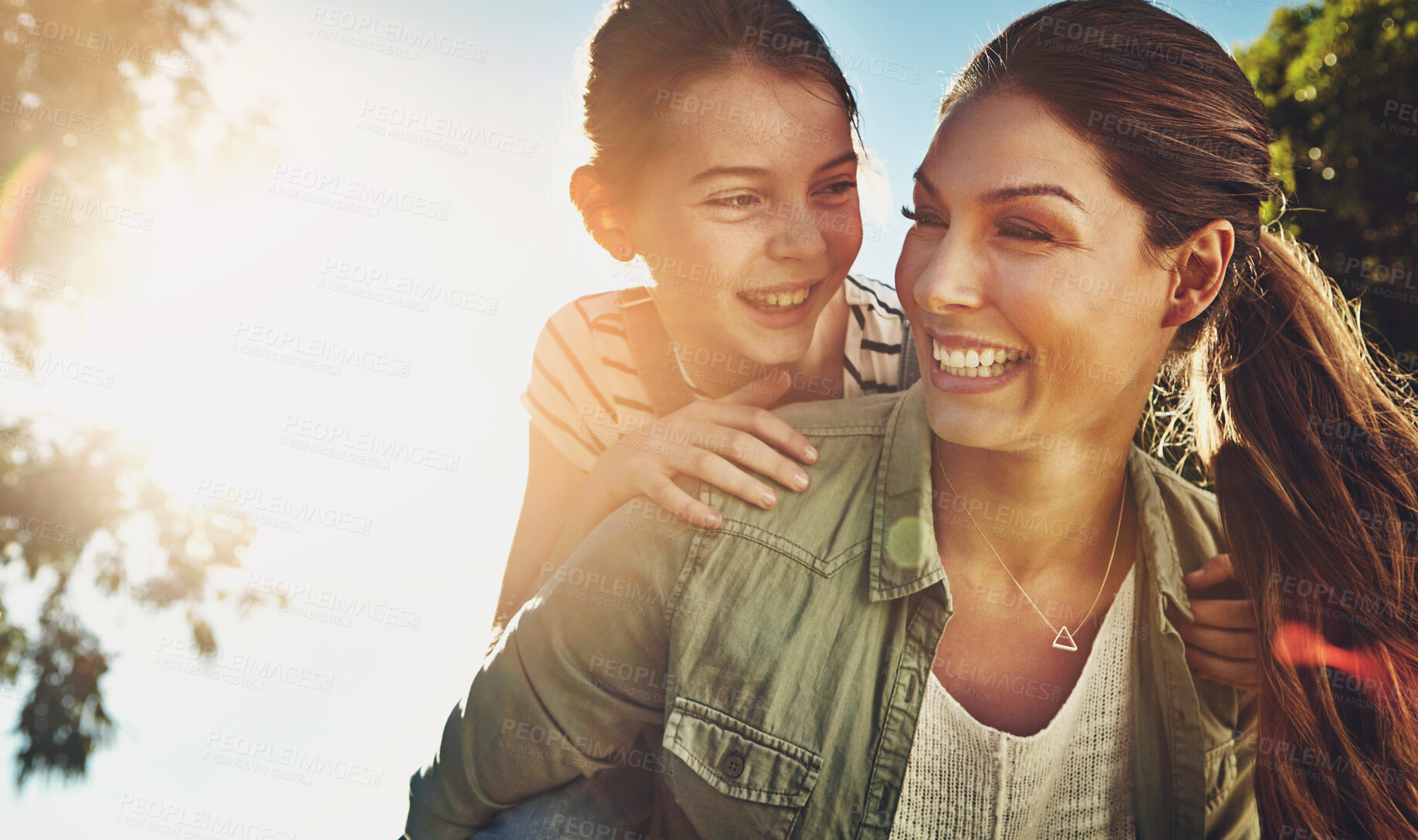 Buy stock photo Mother, girl and outdoor for piggy back with smile, bonding on vacation in Australia. Female person, child and happiness for learning or development in nature, cheerful in countryside with sunshine