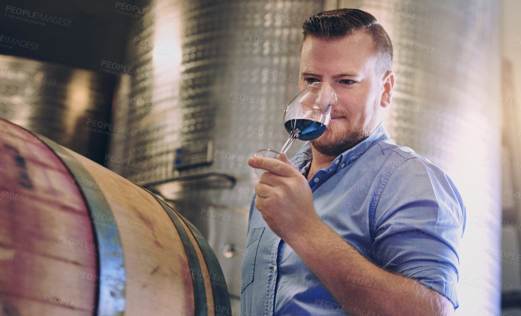 Buy stock photo Glass, scent and smelling with man in wine cellar for industry, manufacturing or production. Aroma, barrel and storage with confident sommelier at winery for distillation or fermentation of alcohol
