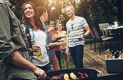 Buy stock photo Group, drinks and bbq with food for dinner, party or reunion with alcohol in America. Friends, people and cheerful at barbecue in backyard, summer and vacation for holiday, celebration or birthday