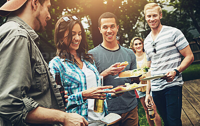 Buy stock photo Friends, drinks and barbecue with food for party, picnic or reunion with alcohol in America. Group, people and cheerful at bbq in backyard, summer and vacation for holiday, celebration or birthday