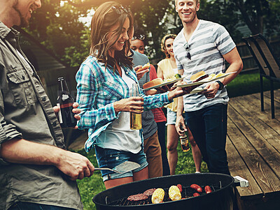 Buy stock photo Friends, people and food in backyard with bbq for social event, party or celebration with beer in garden. Group, drinking alcohol or waiting in line with relax, happy or diversity at barbecue reunion