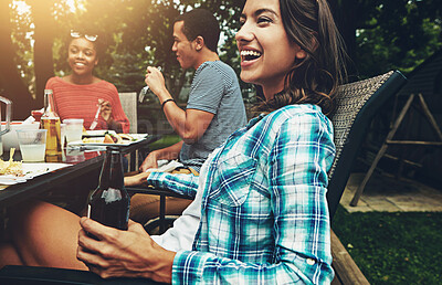 Buy stock photo Woman, beer and happy in backyard with bbq for social event, party or celebration with laughing in home. Friends, people and drinking alcohol in garden with food, fun conversation or outdoor barbecue