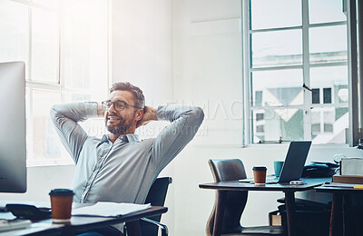 Buy stock photo Business, relax and mature man at desk for stretching, productivity or done with project in office. Break, computer and male employee with arms behind head for satisfied, happiness or achievement